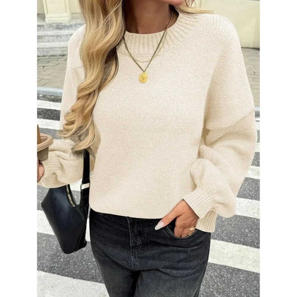 Women’s Oversized Chunky Knit Sweater Lantern Sleeve Mock Neck Casual Top